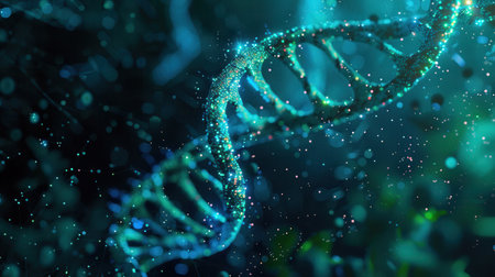 A mesmerizing abstract representation of a double helix structure of DNA surrounded by a dynamic and colorful cosmic backdrop.の素材