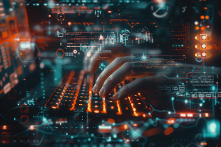 Hands skillfully type on a keyboard, surrounded by an array of dynamic digital symbols and code, reflecting the intensity of hacking activities.の素材