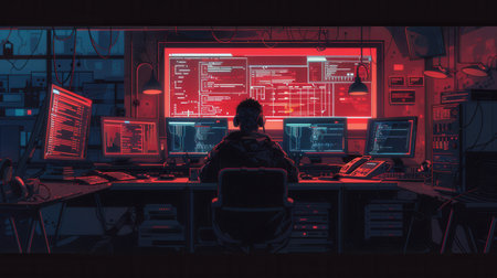 A hacker focuses intently at a desk cluttered with computer screens, immersed in coding and data analysis amid the dim lighting of the room.の素材
