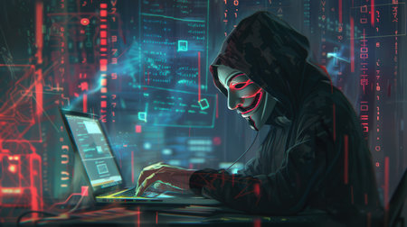 A hacker wearing a mask types on a laptop, engulfed in digital data and bright screens that illuminate the dark surroundings.の素材