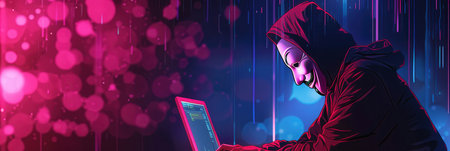 A hooded figure is focused on coding at a laptop, surrounded by vibrant neon lights, embodying a sense of mystery and digital intrigue.の素材