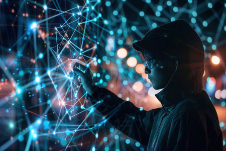 A young hacker interacts with a digital network display at night in an urban setting, showing advanced technology and cybersecurity skills.の素材