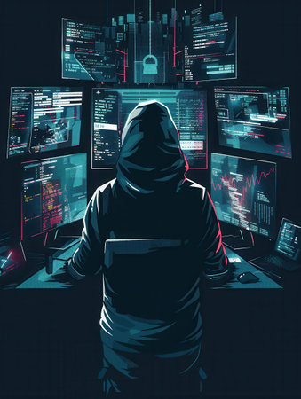 A person in a hoodie analyzes complex data on various computer screens while focusing on hacking tasks in a dimly lit room.の素材