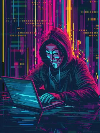 A hacker is intently working on a laptop, surrounded by vibrant neon graphics, immersed in the world of cyber activities at night.の素材