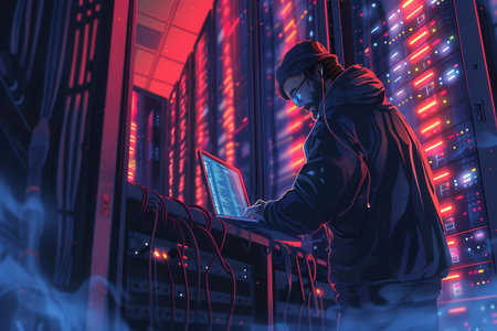 A hacker works diligently on a laptop, surrounded by vibrant server lights in a dimly lit data center, late at night.の素材