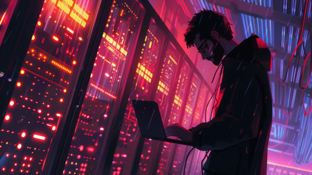 A solitary hacker focused on a laptop while surrounded by glowing server racks in a dark environment.の素材
