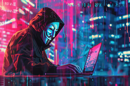 A hacker with a distinct mask works intently on a laptop, immersed in a vibrant, neon-lit urban environment filled with data visuals and binary codes.の素材