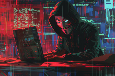 A mysterious figure in a hood works intently on a laptop, surrounded by a vibrant digital landscape filled with data and code.の素材
