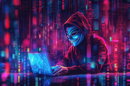 A hacker in a hooded sweatshirt focuses intently on a laptop, surrounded by vibrant digital effects and colorful data streams in a dark environment.の素材