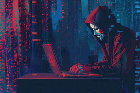 A figure in a hooded jacket uses a laptop, surrounded by glowing digital code in a vibrant urban environment at night.の素材