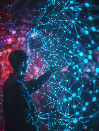 A young hacker interacts with vibrant, interconnected data visualizations in a high-tech digital environment during nighttime.の素材