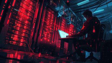 A hacker works intently at a laptop in a dark server room, surrounded by illuminated screens and data streams, deep in the midst of an electronic breach.の素材