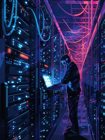 A hacker works intently in a dimly lit server room, interacting with a computer screen amidst a network of brightly lit servers and cables.の素材