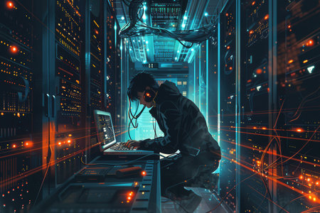 A hacker uses a laptop to access servers in a dimly lit data center, illuminated by screens and digital lights, demonstrating advanced technical skills.の素材