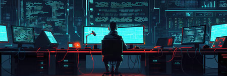 A hacker engages with multiple screens, immersed in coding and security tasks in a darkened room, focused on their work during late hours.の素材