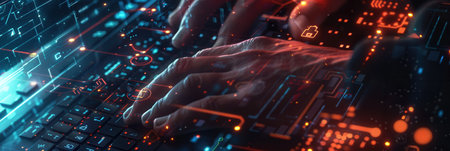 Hacker rapidly types on a keyboard, illuminated by screens filled with digital codes and symbols, creating an atmosphere of intense focus and secrecy.の素材