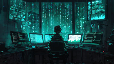A hacker is focused on programming tasks late at night, surrounded by multiple glowing computer screens in a dimly lit room.の素材