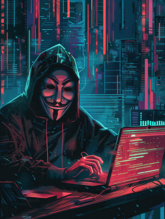A figure in a hoodie works intently on a laptop surrounded by vibrant digital effects and an urban backdrop, embodying the essence of modern hacking.の素材