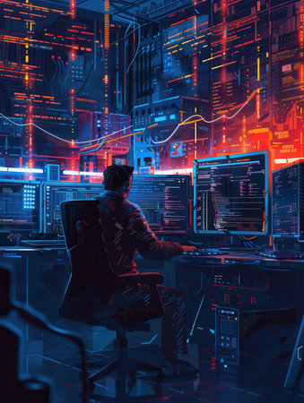 A hacker sits at a desk in a dimly lit room, focused on multiple computer screens displaying lines of code and data analysis.の素材