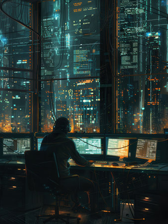 A hacker works intently at a desk in a dim room, focusing on multiple glowing computer screens while the city skyline twinkles outside the window.の素材