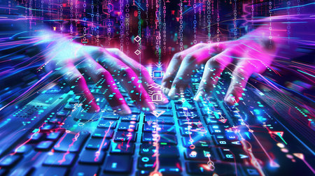 A hacker types rapidly on a keyboard, with overlaying digital symbols and codes illuminating the dark atmosphere around them.の素材