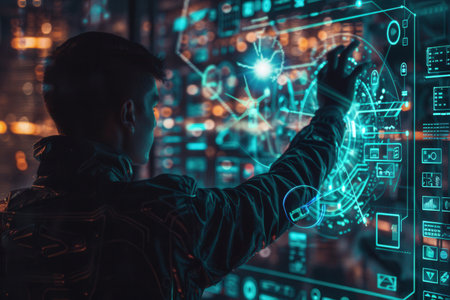 A hacker interacts with a holographic interface, analyzing intricate data patterns illuminated by city lights outside the window at night.の素材