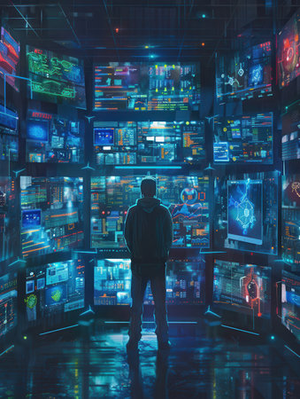 A hacker stands focused in a dimly lit space surrounded by multiple screens filled with colorful data and codes, immersed in high-tech analysis.の素材