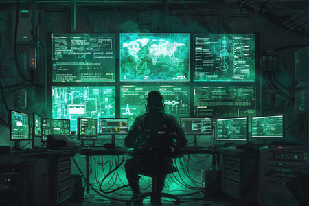 A hacker concentrates at a desk in a dimly lit room, surrounded by glowing computer screens displaying data and maps during late hours.の素材