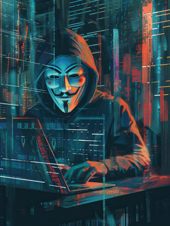 A hacker in a hooded sweatshirt types rapidly on a laptop, illuminated by colorful digital graphics in a dark environment, showcasing a high-tech atmosphere.の素材