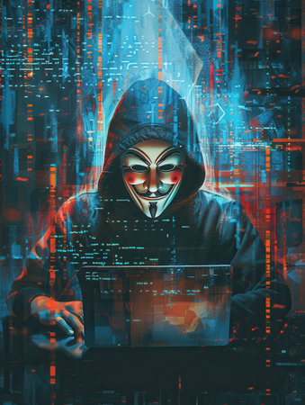 A cloaked figure works intently on a laptop, illuminated by vibrant digital projections, embodying the essence of modern hacking culture.の素材