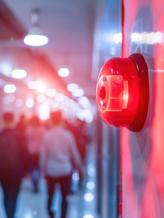 A bright red fire alarm with an illuminated light and button is mounted on the wall, alerting people in a busy corridor.の素材