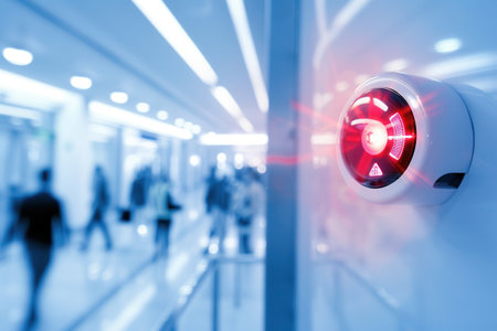 A bright red fire alarm featuring a prominent light and button is mounted on a wall in a bustling public area with people in motion.の素材