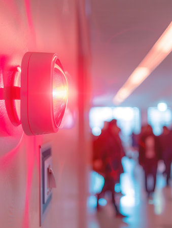 A bright red fire alarm light blinks on the wall as people move through a busy public building during an emergency alert situation.の素材