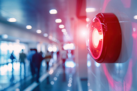 A bright red fire alarm with an active light and button is mounted on a wall in a bustling public space filled with people.の素材