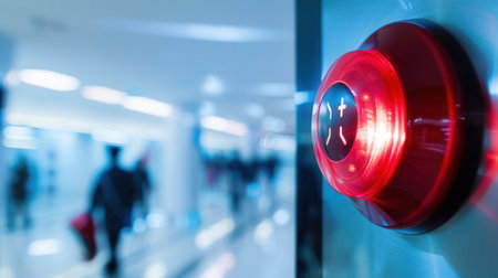 A bright red fire alarm button lights up, signaling potential danger in a busy corridor filled with people.の素材