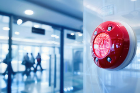 A bright red fire alarm button is mounted on the wall, glowing to alert individuals in a bustling indoor space.の素材