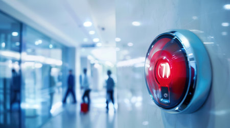 A bright red fire alarm is mounted on a wall, signaling an alert in a busy indoor environment with people moving in the background.の素材