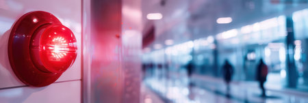 A bright red fire alarm with an illuminated light and button is installed on a wall in a bustling public area with people walking by.の素材