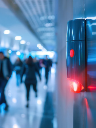 A bright red fire alarm is illuminated on the wall while people walk by, highlighting safety in a bustling public building.の素材