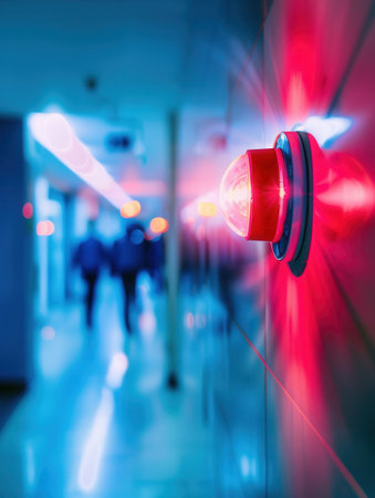 A bright red fire alarm light and button are mounted on the wall in a dimly lit corridor, indicating emergency readiness in a hospital setting.の素材