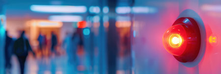 A bright red fire alarm is mounted on the wall, flashing an alert light as people walk through the modern lobby space.の素材