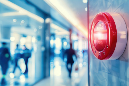 A bright red fire alarm light flashes on the wall as people walk by in a bustling public area, signaling an immediate alert.の素材