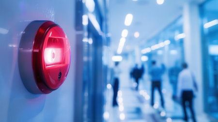 A bright red fire alarm with an illuminated light and button is mounted on the wall in a contemporary office environment.の素材