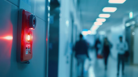 A bright red fire alarm with an illuminated light is mounted on the wall, while people walk through a bustling indoor hallway.の素材