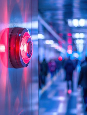 A bright red fire alarm is mounted on a wall, illuminating the space as people walk by in a busy indoor area during daylight hours.の素材
