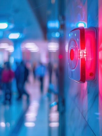 A bright red fire alarm with a flashing light and button is mounted on the wall in a bustling corridor, alerting occupants during an emergency situation.の素材