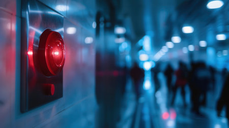 A bright red fire alarm is mounted on the wall, its light glowing as people pass by in a bustling hallway.の素材