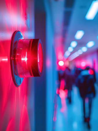 A bright red fire alarm button is illuminated on the wall as people move through the corridor during an emergency alert.の素材