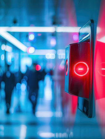 A bright red fire alarm with a flashing light and button is mounted on a wall, while blurred figures walk through a modern corridor.の素材