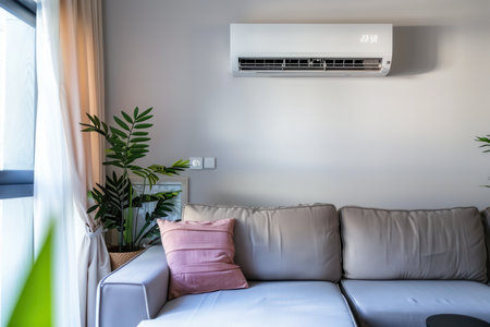 A cozy and modern living room features a mounted air conditioner and lush greenery, creating a fresh and inviting atmosphere.の素材